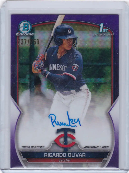 Signed 2023 Bowman Chrome Ricardo Olivar Purple Auto RC baseball card with holographic finish