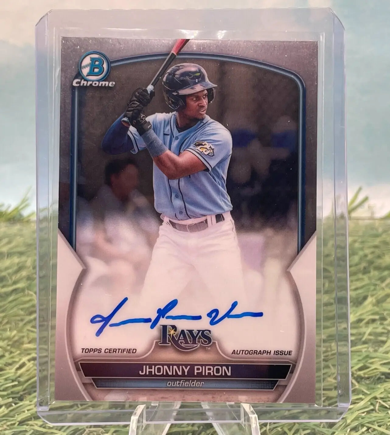 Signed Jhonny Piron baseball card from 2023 Bowman Chrome for Tampa Bay Rays fans