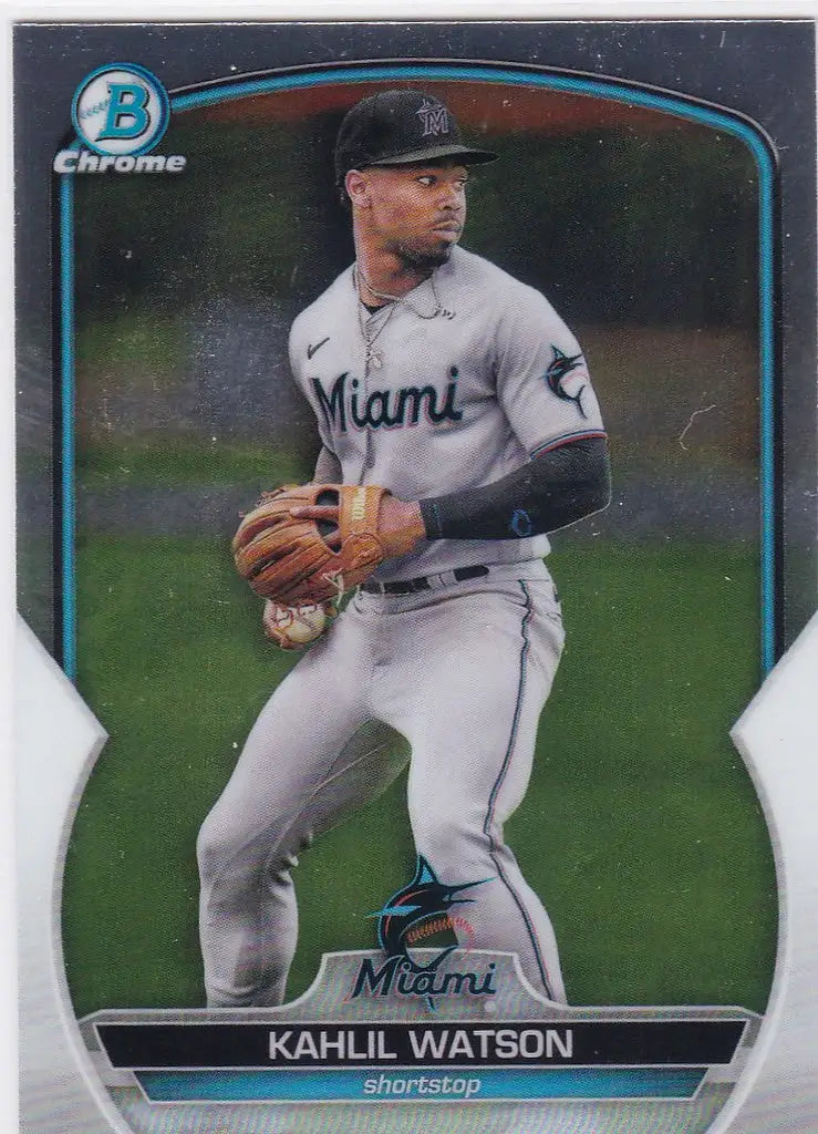 Baseball card of Kahlil Watson Miami Marlins in white uniform, 2023 Bowman Chrome Prospect