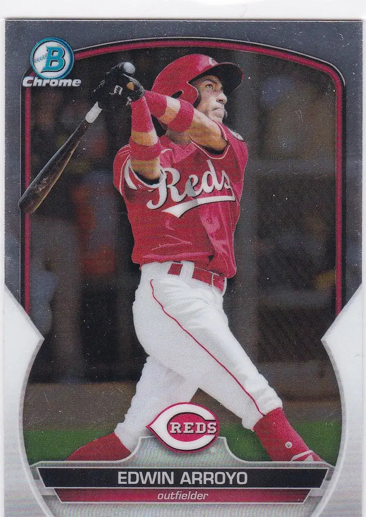 Baseball card of Edwin Arroyo Cincinnati Reds in batting stance, Bowman Chrome Prospect