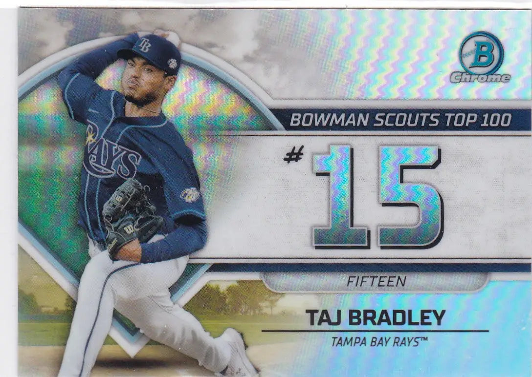 Baseball card of Taj Bradley throwing for Tampa Bay Rays, Bowman Chrome Scouts collectible