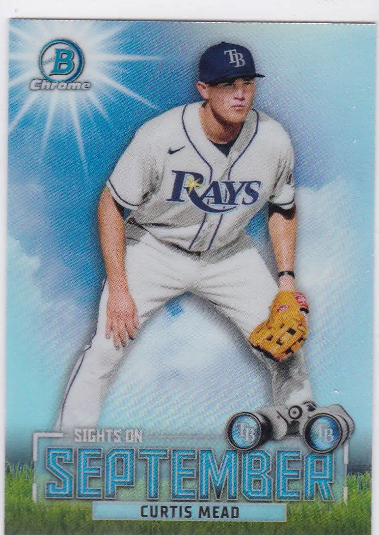 Curtis Mead in Tampa Bay Rays uniform ready to field, featured in 2023 Bowman Chrome September Rays