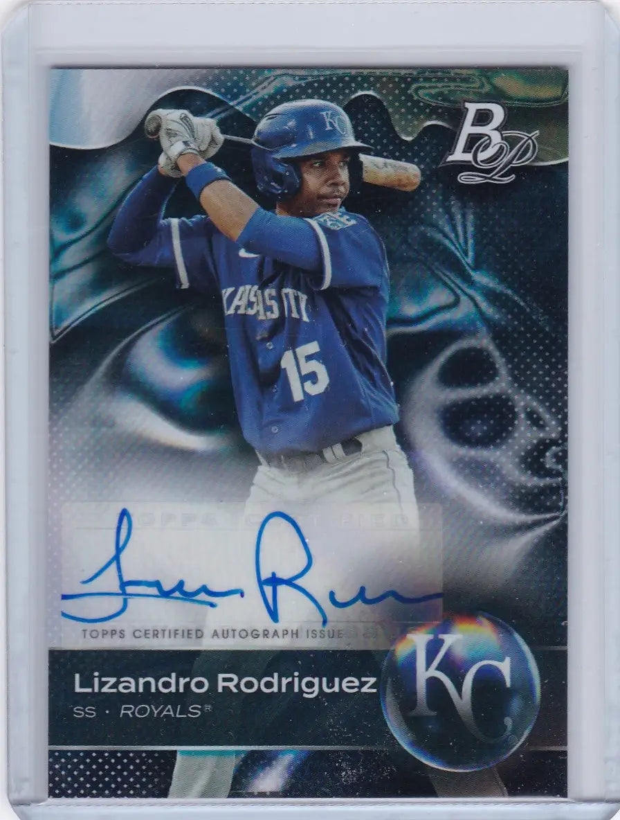 Baseball trading card of Lizandro Rodriguez Auto Kansas City Royals in blue uniform