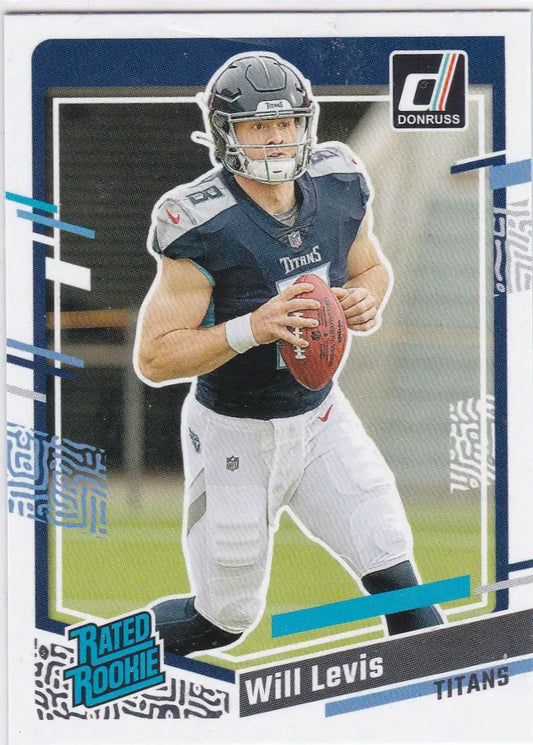 Football trading card of Will Levis Rated Rookie RC Tennessee Titans in navy uniform