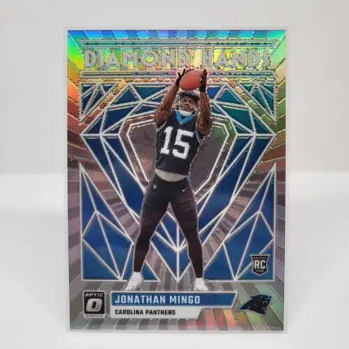 Holographic NFL trading card of Optic Jonathan Mingo making a catch for the Panthers