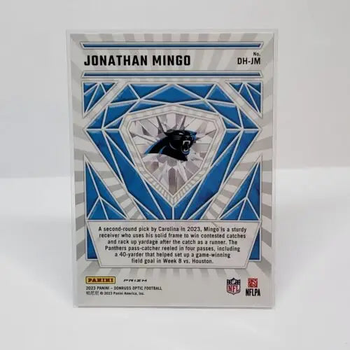 NFL trading card of Jonathan Mingo Silver with geometric blue diamond design Panthers logo