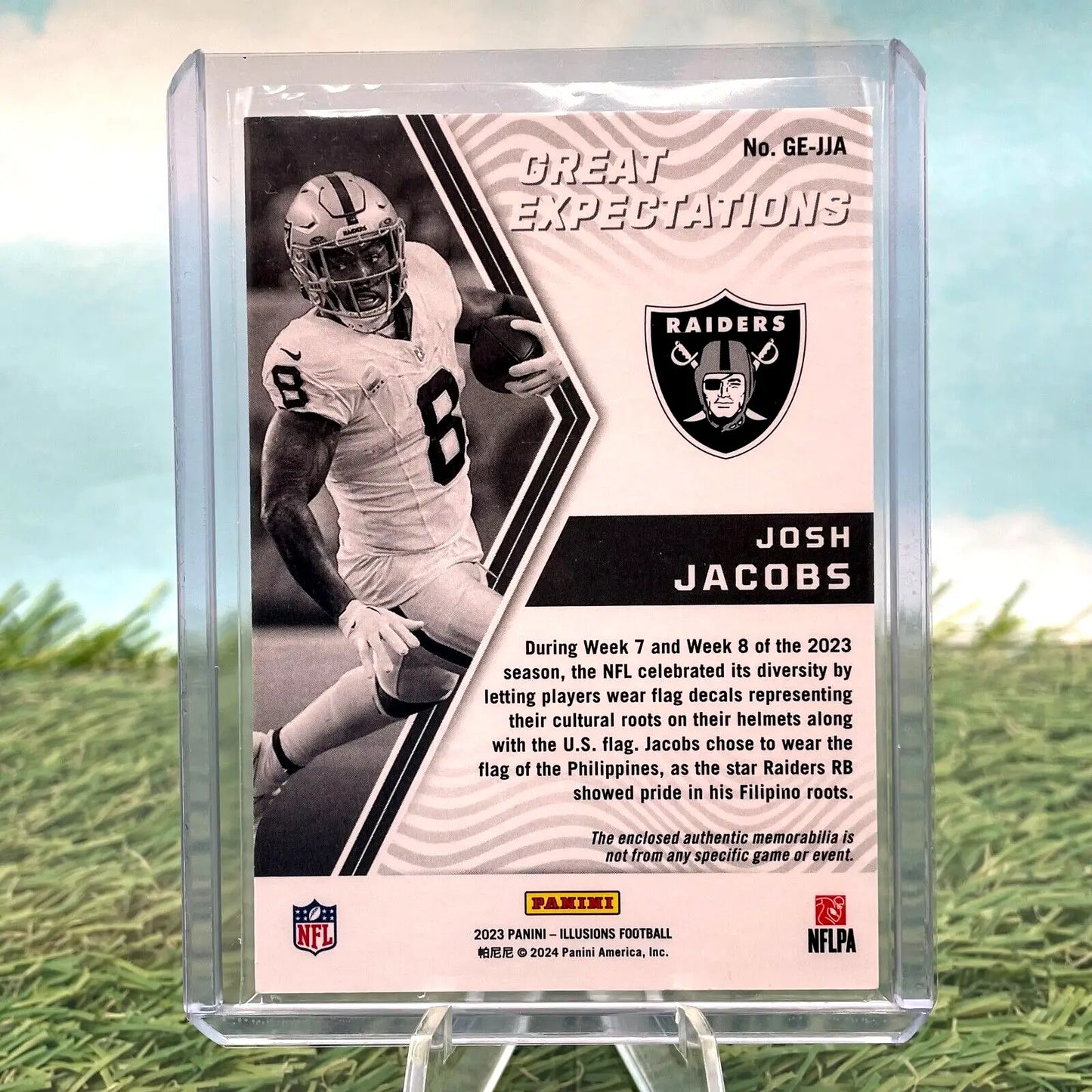 Josh Jacobs 2023 Illusions sports trading card Great Expectations Relic #GE-JJA Raiders