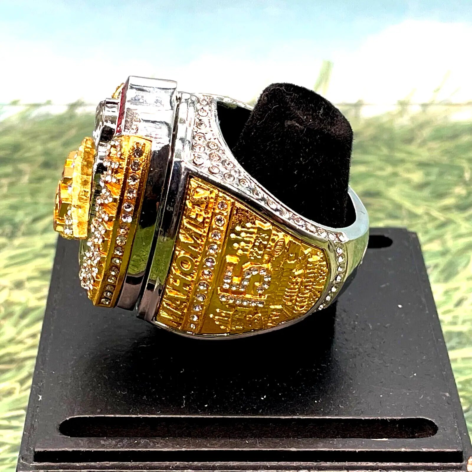 Elaborate gold and silver 2023 Kansas City Chiefs Replica Super Bowl Championship ring