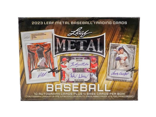 2023 Leaf Metal Baseball Hobby Jumbo Box showcasing autographed card images on packaging