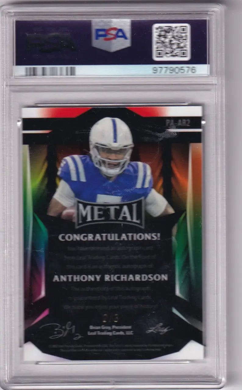 PSA-graded football trading card of Colts player in blue and white from Leaf Metal PAAR2