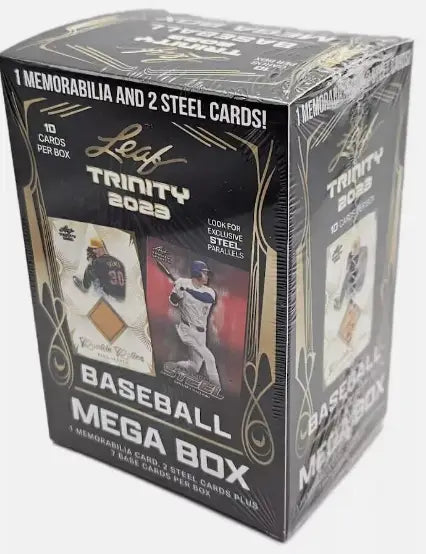 Leaf Trinity 2023 Baseball Mega Box with memorabilia and steel cards for collectors