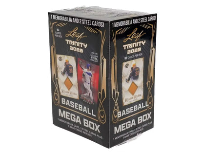 2023 Leaf Trinity Baseball Mega Box featuring black and gold packaging and rookie relic cards