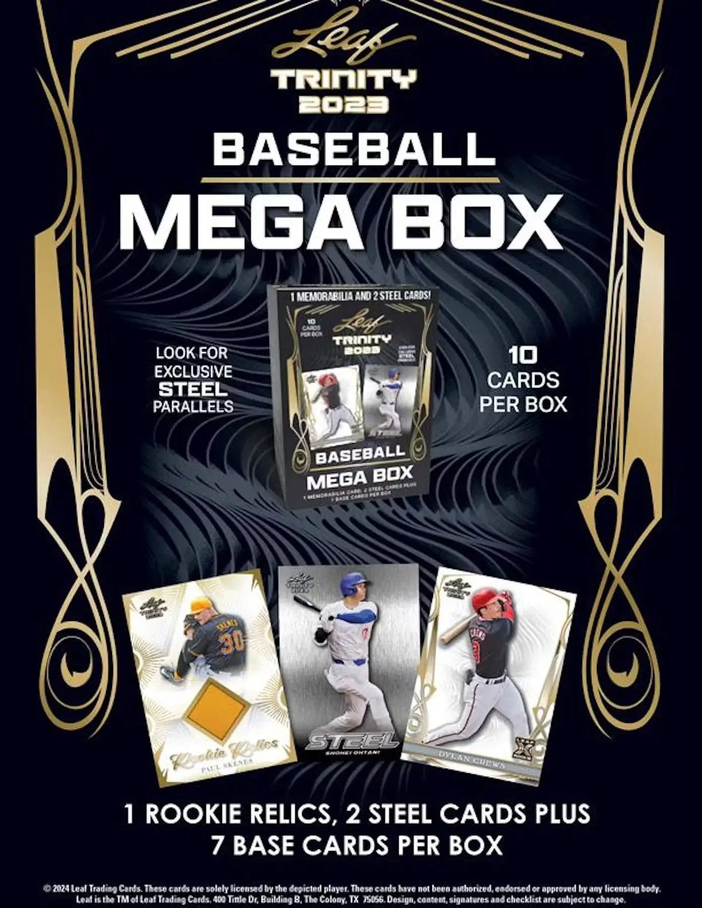 2023 Leaf Trinity Baseball Mega Box with rookie relics and steel cards in gold accents