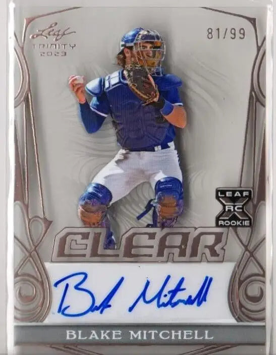 Baseball card displaying Clear Blake Mitchell in blue and white uniform with autograph