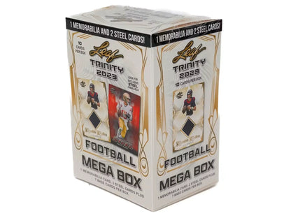 Leaf Trinity 2022 Football Mega Box showcasing trading cards and rookie relic artwork