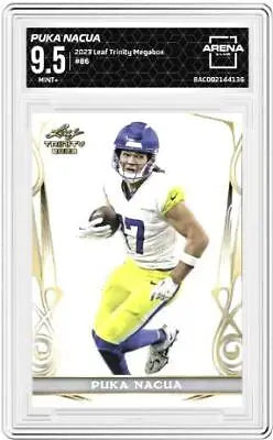 Puka Nacua football card from 2023 Leaf Trinity Megabox AC 9.5 collectible series