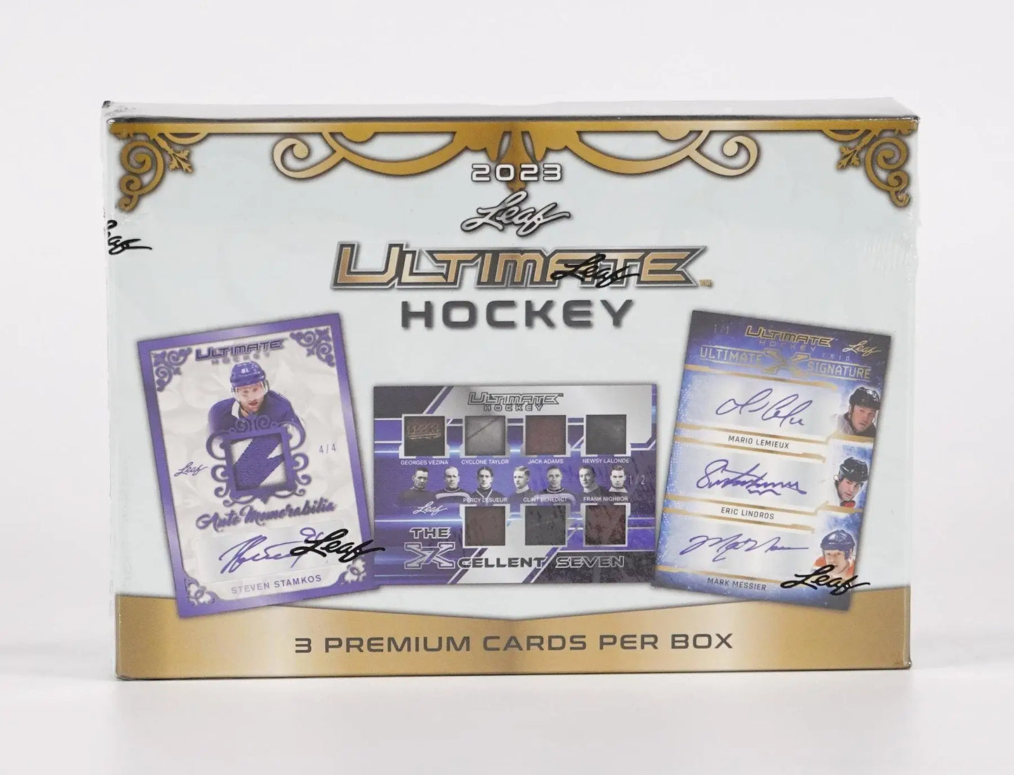 Sealed 2023 Leaf Ultimate Hockey Hobby Box with three premium cards per pack