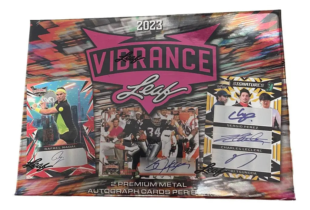 Box of 2023 Leaf Vibrance Multi-Sport trading cards with autographs and metal cards