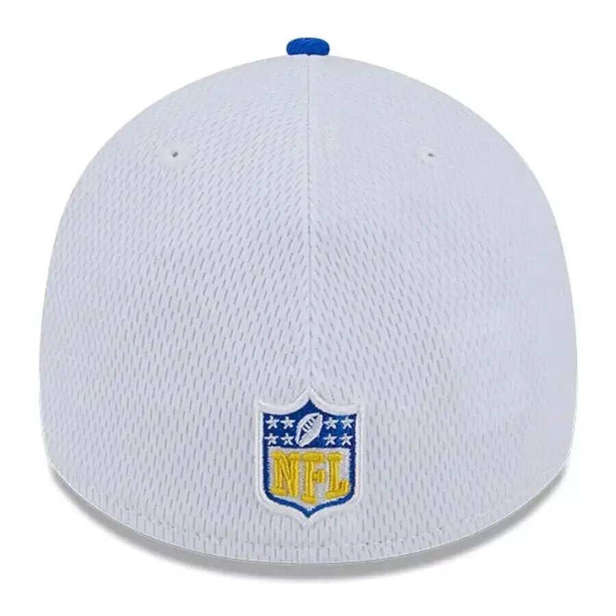 White baseball cap featuring Los Angeles Rams NFL logo, New Era 39THIRTY Flex Hat