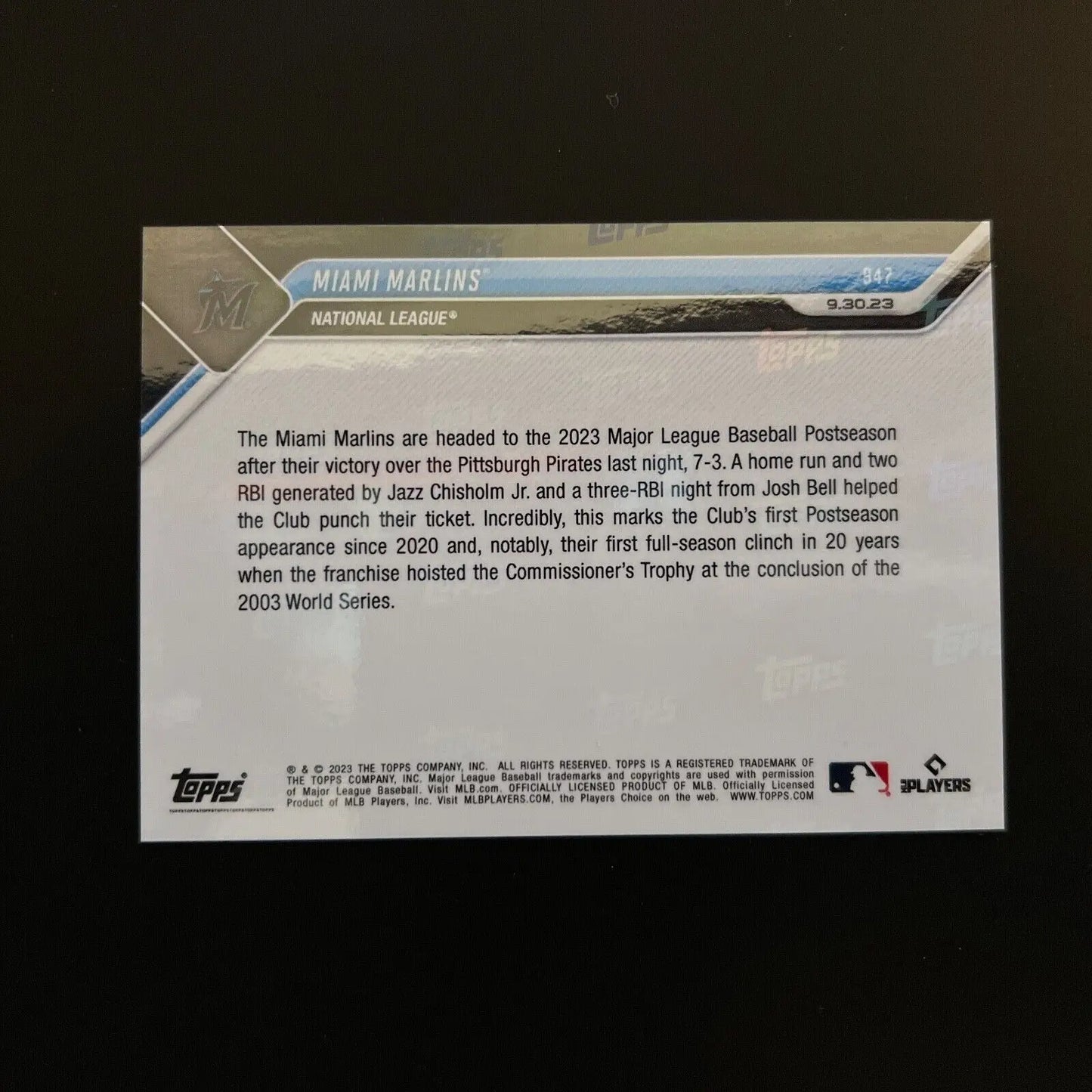 Back of 2023 MLB Topps Now Miami Marlins Clinch Playoffs /25 Purple #947 Baseball Card