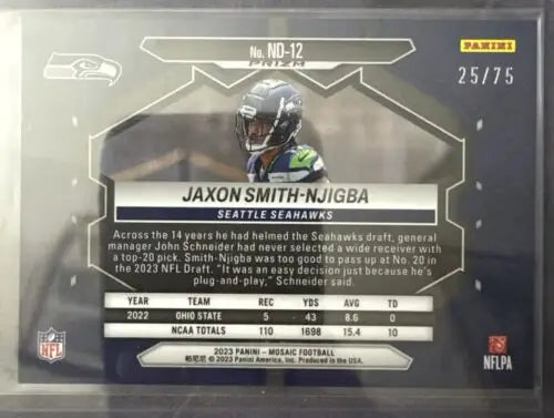 Jaxon Smith-Njigba NFL Debut Blue No Huddle trading card from 2023 Mosaic Seattle Seahawks