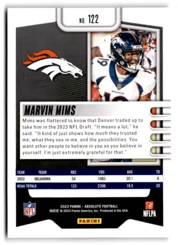 2023 Panini Absolute #122 Marvin Mims NM-MT RC Rookie football card with original gloss