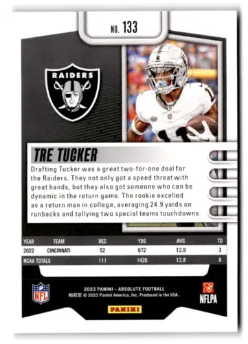 Tre Tucker football card from 2023 Panini Absolute Rookie LV Raiders original gloss