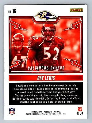 Ray Lewis football card from 2023 Panini Absolute #16 Rock Out series for collectors