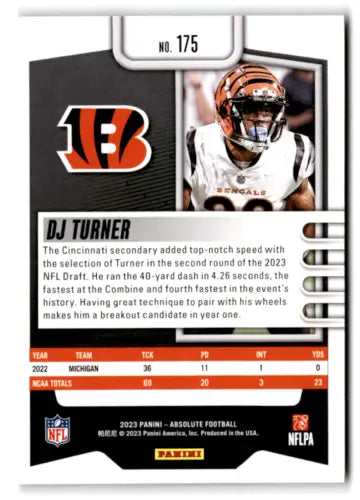 DJ Turner 2023 Panini Absolute Rookie Bengals football card with original gloss finish