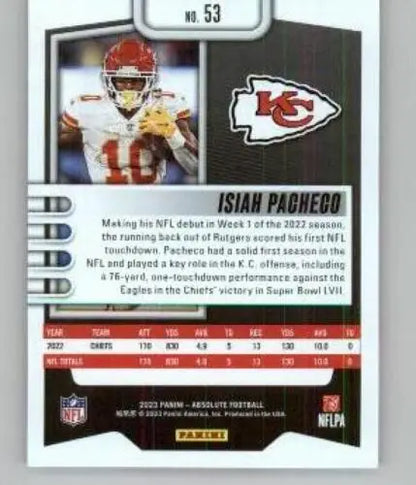 Isiah Pacheco football card from 2023 Panini Absolute with original gloss finish