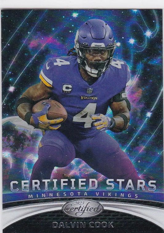 Dalvin Cook wearing number 44 in purple uniform carrying football for Certified Stars Minnesota