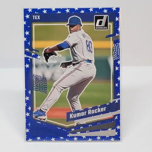 Baseball trading card of Kumar Rocker in mid-delivery from Donruss Baseball collection