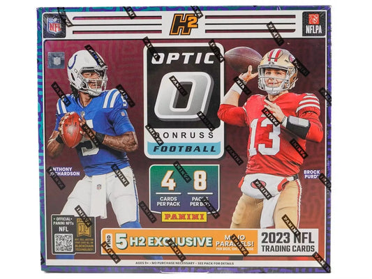 2023 Panini Donruss Optic Football H2 Box featuring Colts and 49ers players cover