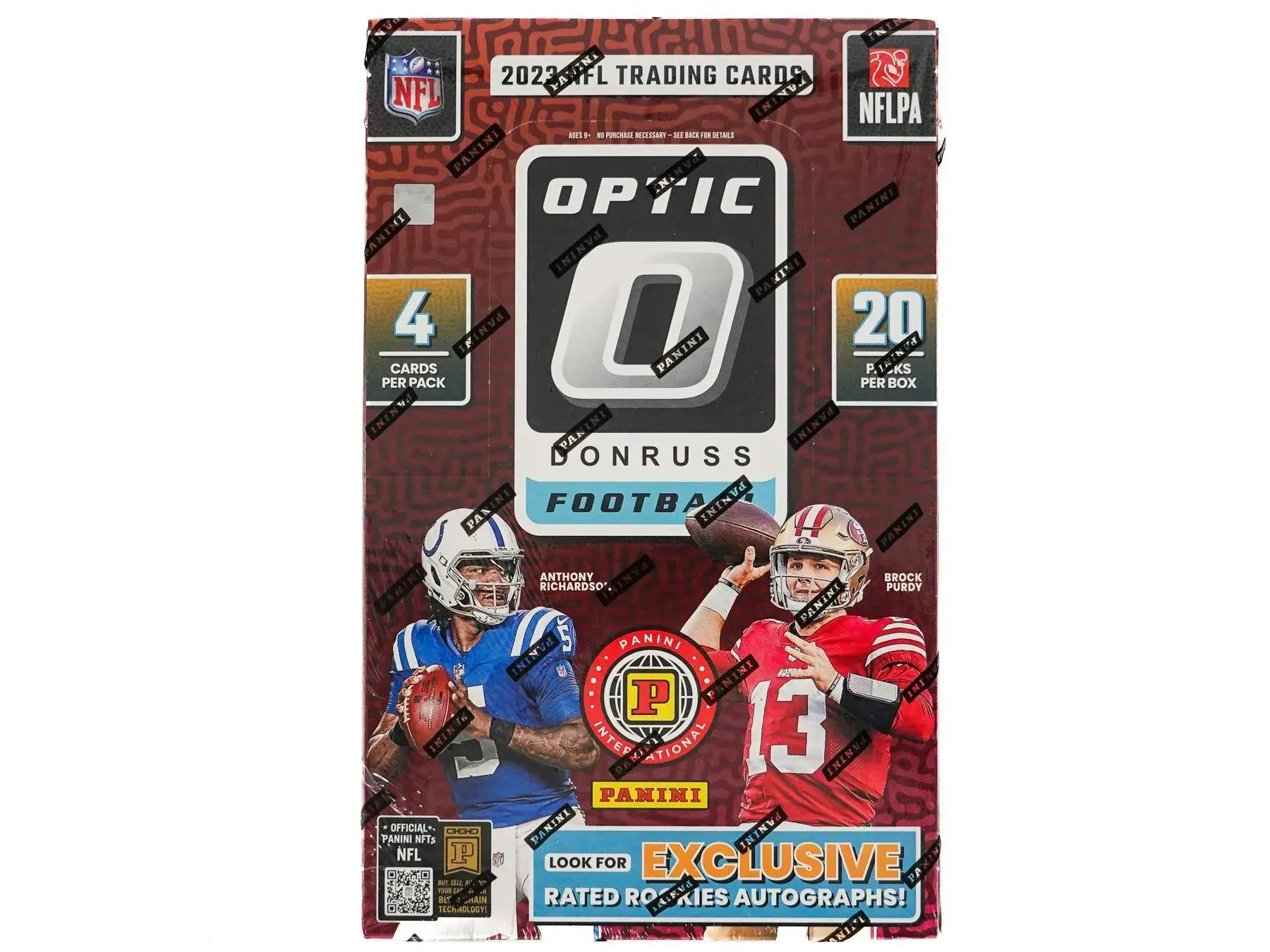 2021 NFL Donruss Optic Football trading card box with players in blue and red uniforms