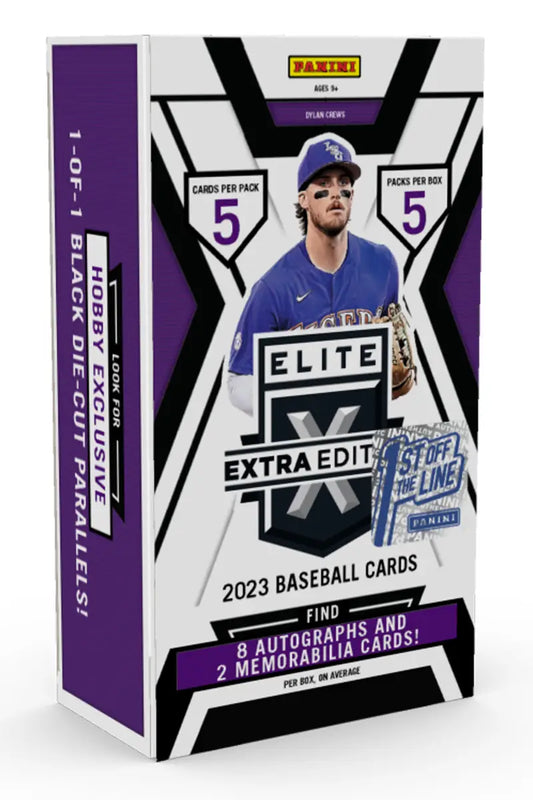 Baseball card box for 2023 Panini Elite Extra Edition featuring memorabilia cards