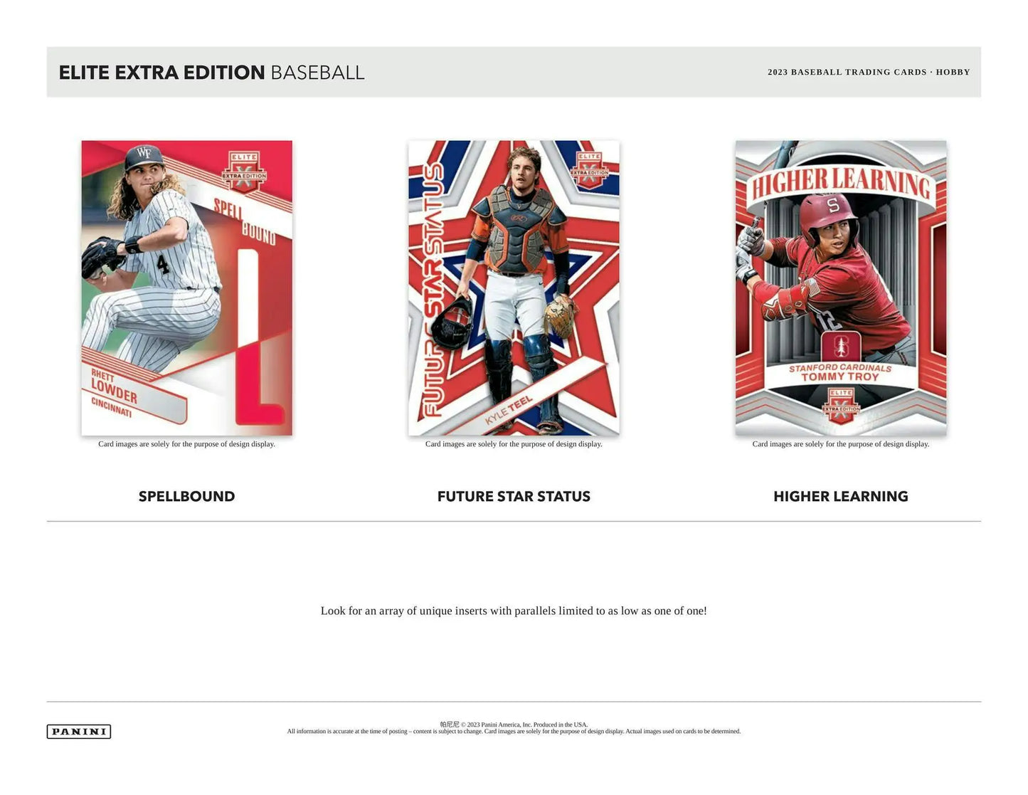 Three baseball trading cards from the 2023 Panini Elite Extra Edition memorabilia cards