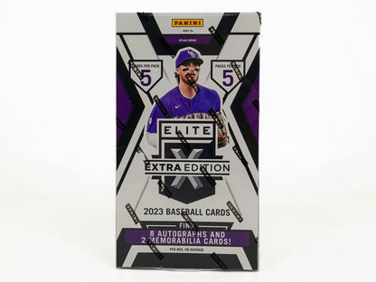 Panini Elite Extra Edition 2023 baseball card box featuring player in purple uniform