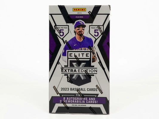 Panini Elite Extra Edition 2023 baseball card box featuring player in purple uniform