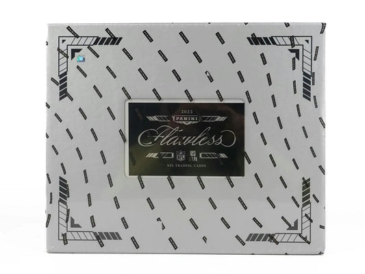 White box with black diagonal pattern and metallic label for 2023 Panini Flawless Football