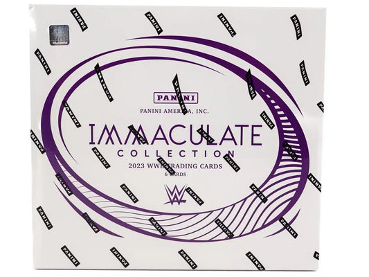 White box with purple swirl design showcasing Panini Immaculate WWE Wrestling cards