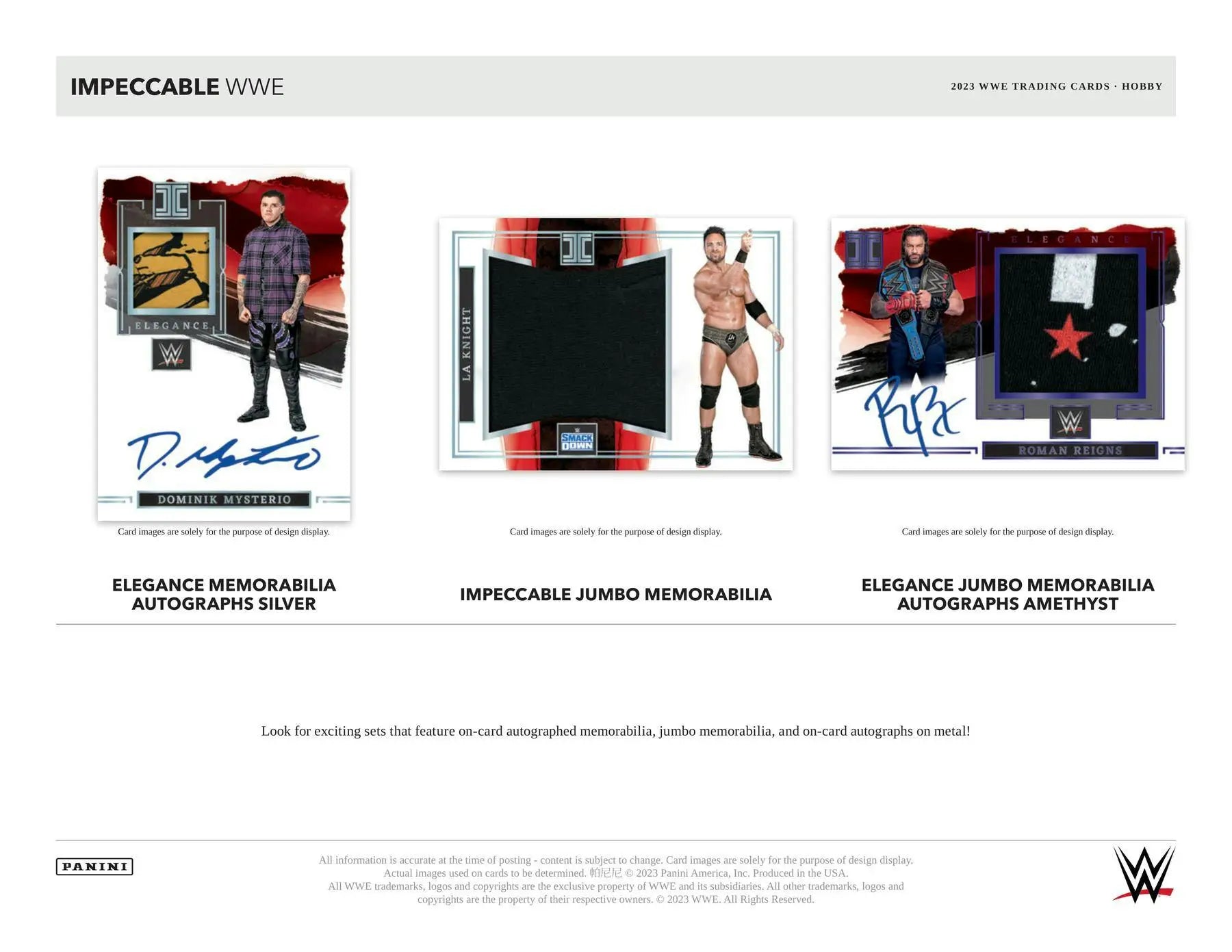 Trading card layout preview of three autographed WWE cards from 2023 Panini Impeccable