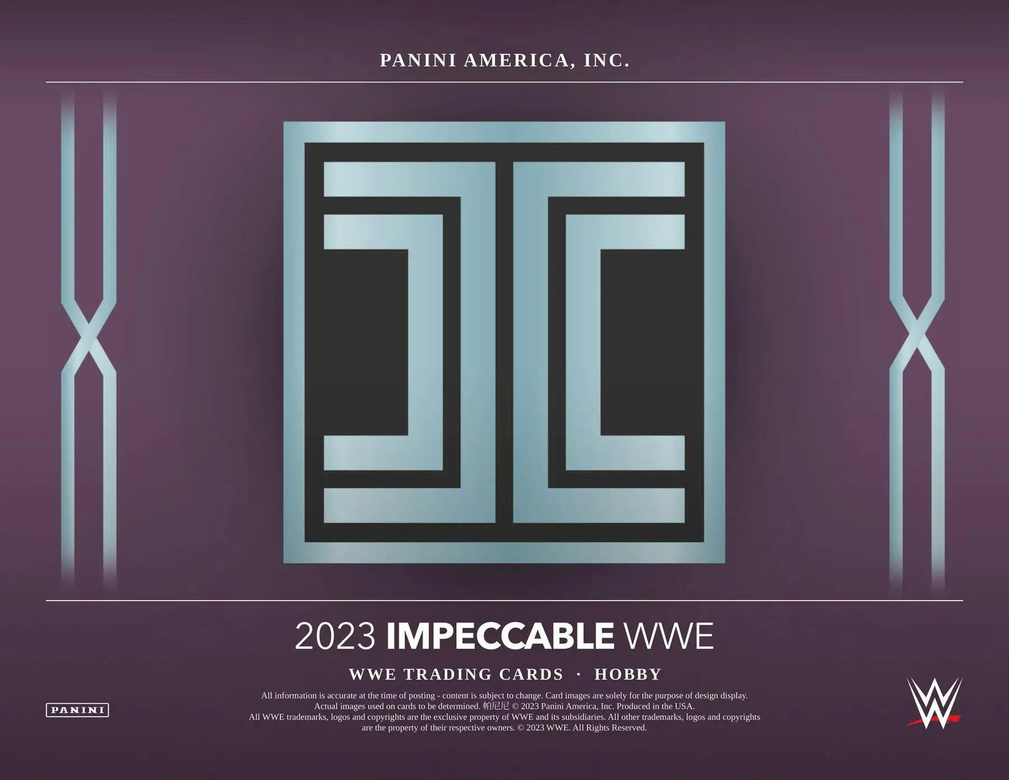 Geometric logo design of interlocking I shapes on 2023 Panini Impeccable WWE box