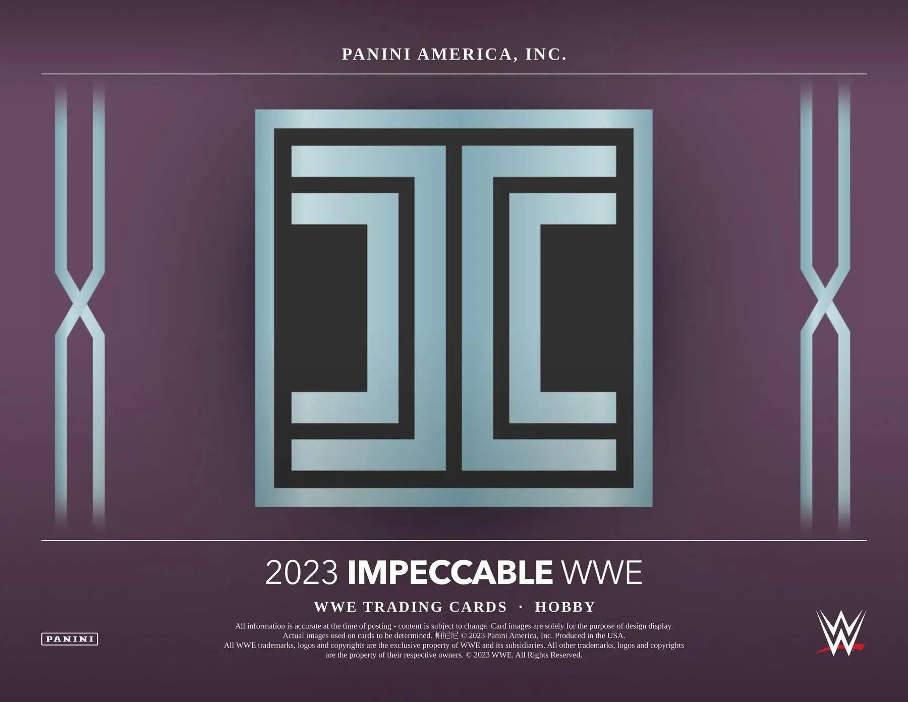 Geometric logo design of interlocking I shapes on 2023 Panini Impeccable WWE box