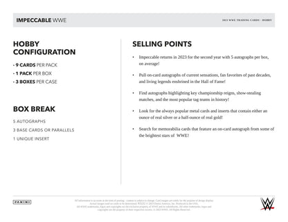 Product information sheet for 2023 Panini Impeccable WWE Wrestling Hobby Box featuring jumbo memorabilia and unique insert details