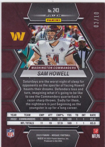 NFL trading card of Sam Howell in white jersey from 2023 Panini Mosaic Pink checklist