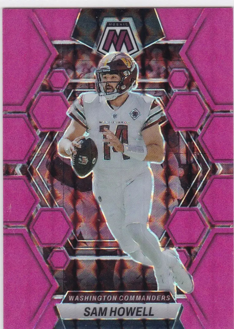 Pink-tinted Sam Howell football trading card from 2023 Panini Mosaic #243 Washington Commanders