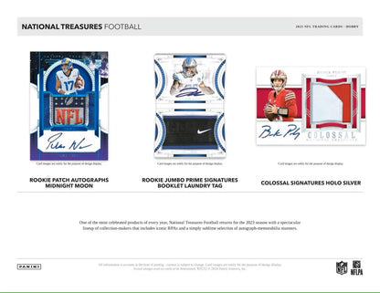 Product advertisement for 2023 Panini National Treasures Football card collection