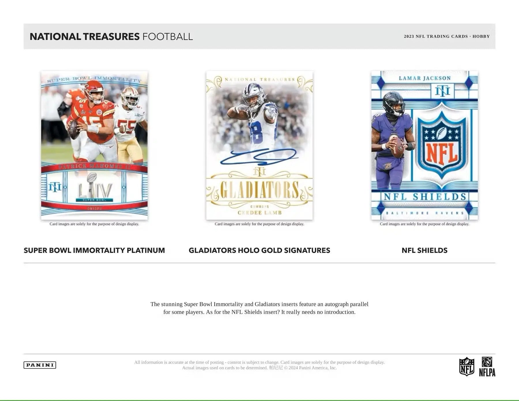 Product advertisement for 2023 Panini National Treasures Football featuring three card designs