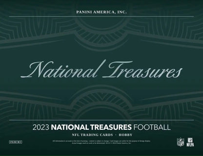 Dark green box cover for 2023 National Treasures Football trading cards by Panini