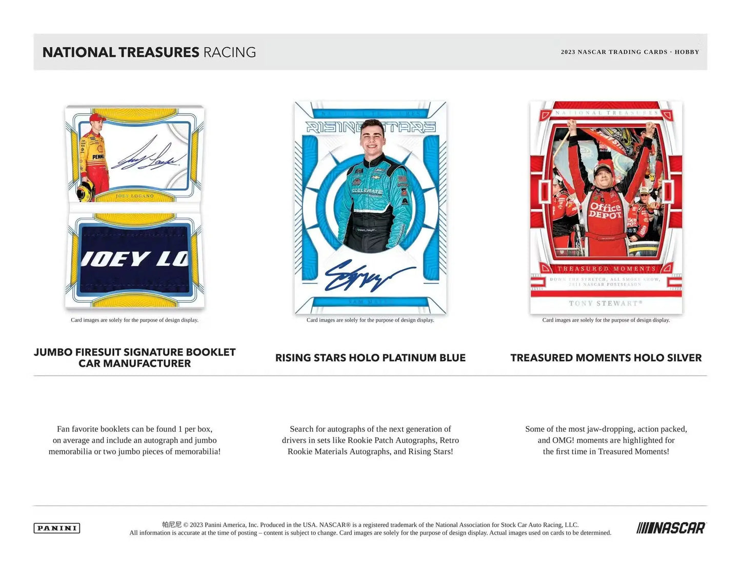 Trading card advertisement for 2023 Panini National Treasures Racing memorabilia cards